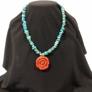 Hand carved coral rose with turquoise necklace